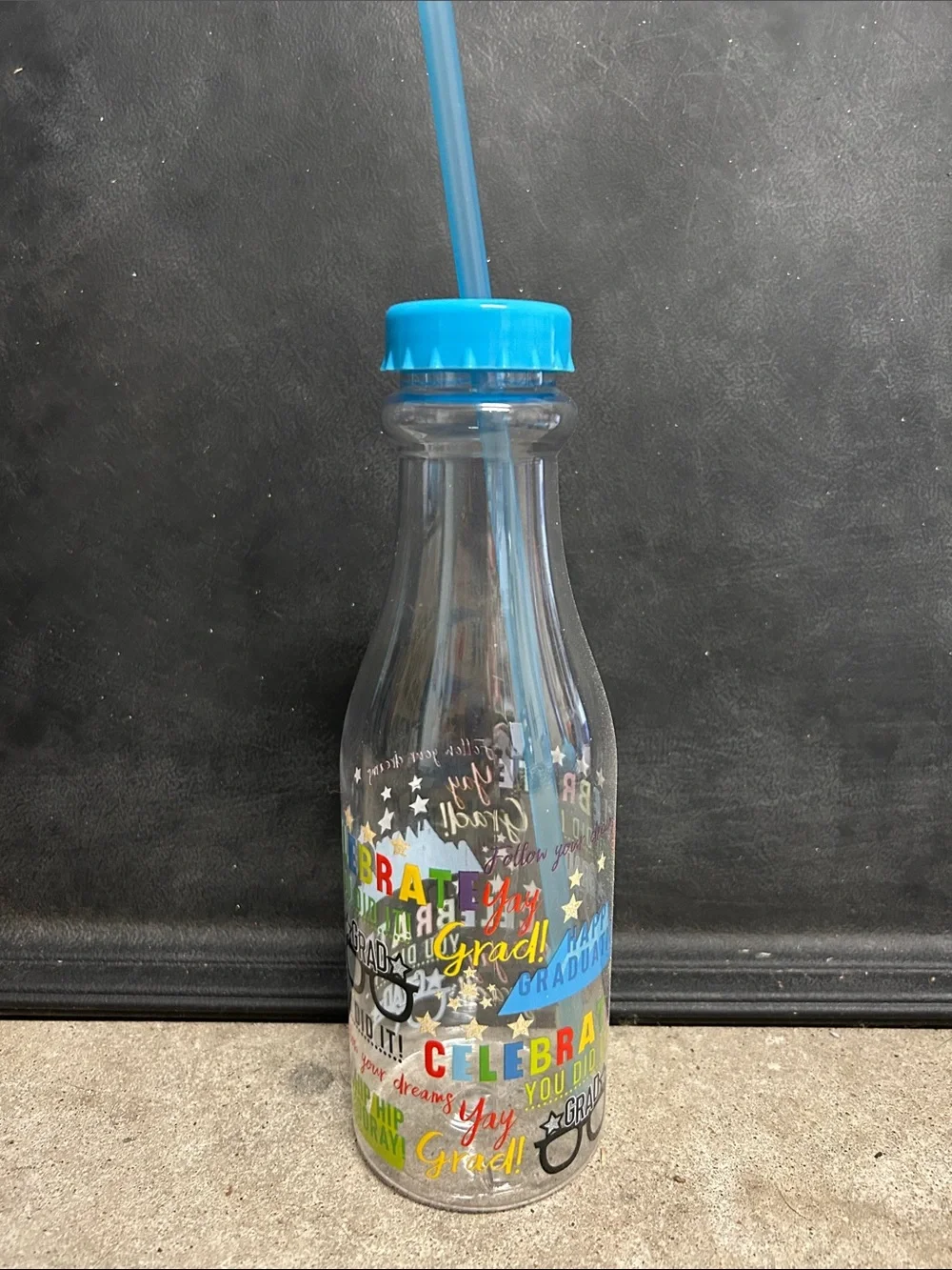 Graduation Celebration Plastic Drink Bottle with Blue Lid and Straw